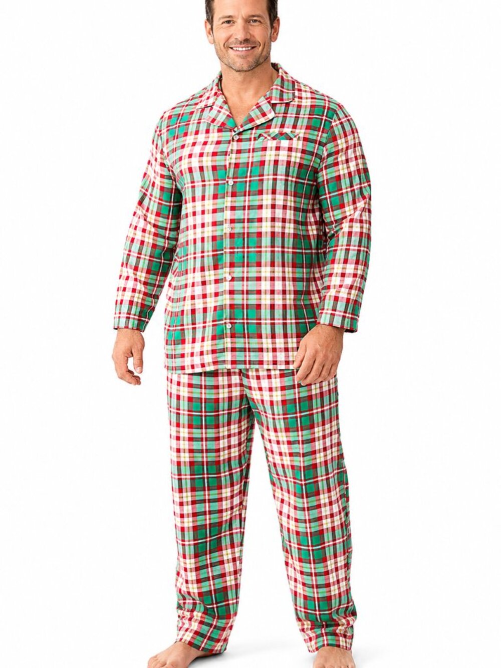 NWT LT mens plaid cotton pajamas. Red white green pjs. Elastic waist. Loungewear
